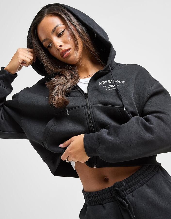 New Balance Athletics Cropped Full Zip Hoodie Zwart- Dames Zwart