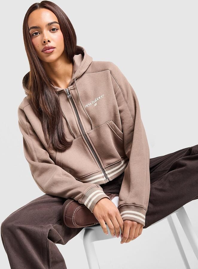 New Balance Cropped Ribbed Full Zip Hoodie Bruin- Dames Bruin