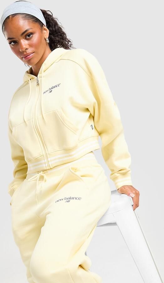 New Balance Cropped Ribbed Full Zip Hoodie Geel- Dames Geel