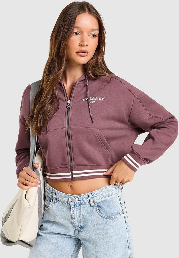 New Balance Cropped Ribbed Full Zip Hoodie Rood- Dames Rood
