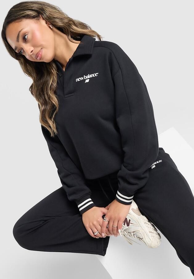 New Balance Long Sleeve Fleece Polo Sweatshirt Zwart- Dames Zwart