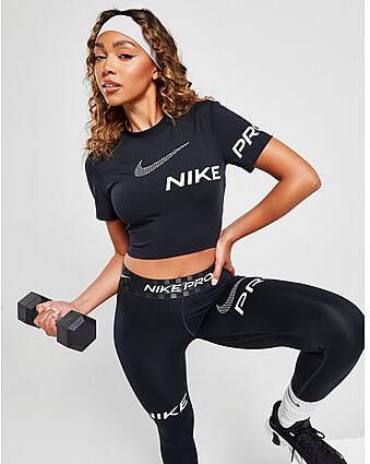 Nike Pro Dri-FIT Korte trainingstop met graphic en korte mouwen voor dames Black White- Dames
