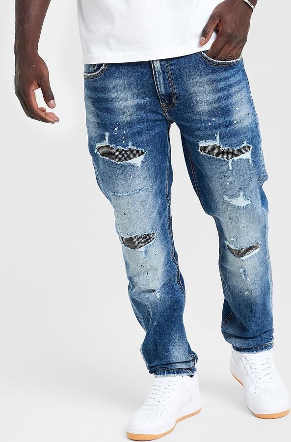 Supply & Demand Rhinestone Slim Ripped Jeans Blauw- Heren Blauw