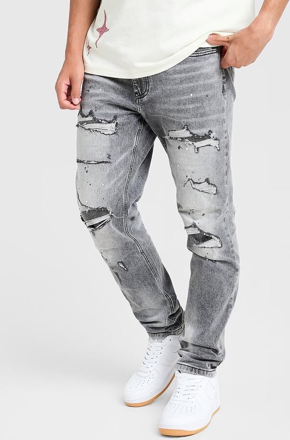 Supply & Demand Rhinestone Slim Ripped Jeans Blauw- Heren Blauw
