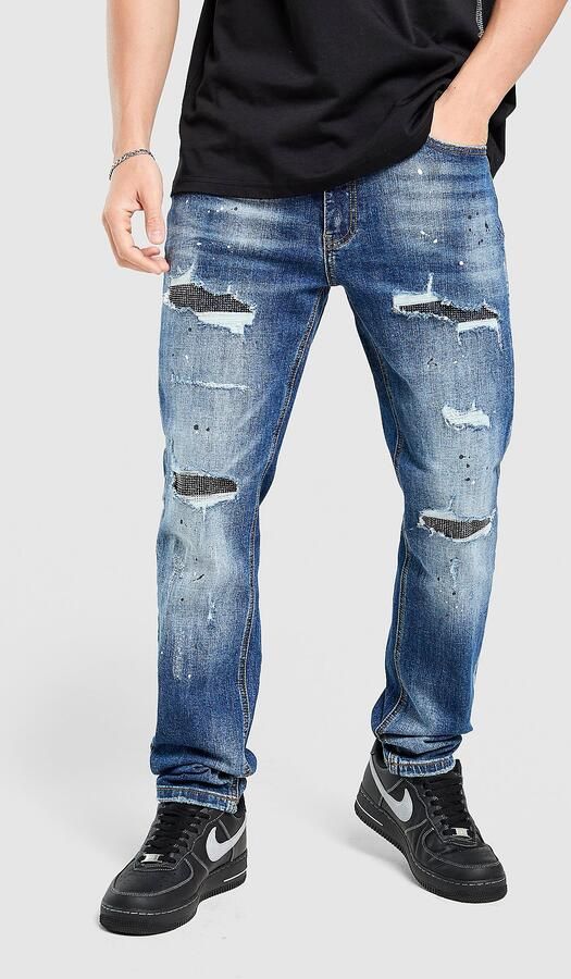 Supply & Demand Rhinestone Slim Ripped Jeans Blauw- Heren Blauw