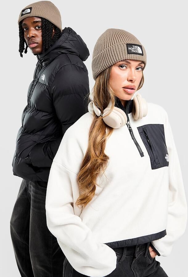 The North Face Logo Box Cuffed Beanie Hat Beige- Dames Beige