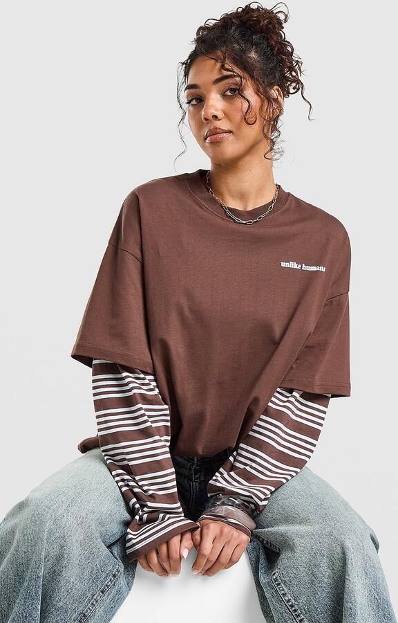 Unlike Humans Gena Mock Long Sleeve T-Shirt Bruin- Dames Bruin