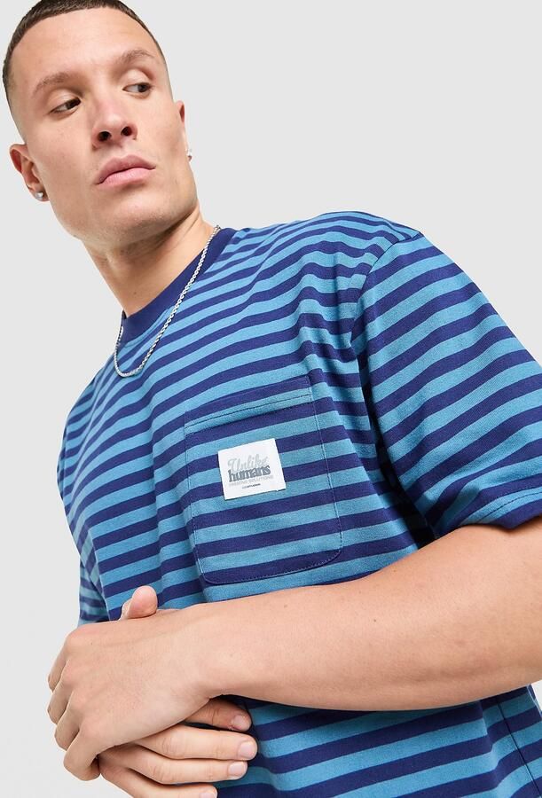 Unlike Humans Wells Stripe Pocket T-Shirt Blauw- Heren Blauw