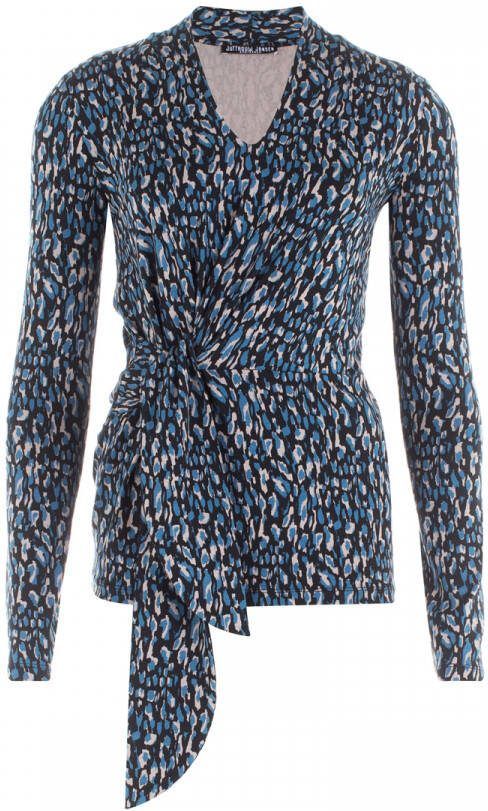 Juffrouw Jansen Blauw Top animal v hals lange mouw knoop