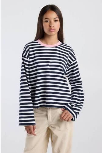 America Today gestreepte longsleeve donkerblauw wit Meisjes Katoen Ronde hals