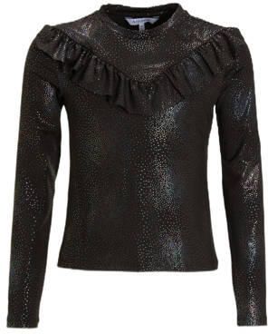 Anytime longsleeve met ruffle zwart Meisjes Polyester Ronde hals Stip