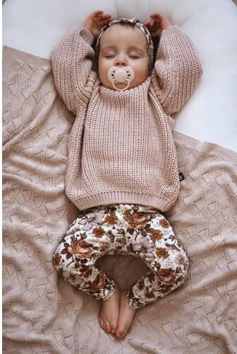 Babystyling baby gebloemde regular fit broek ecru oudroze oranje Meisjes Stretchkatoen 50 56
