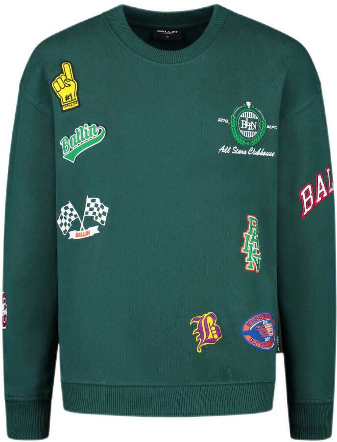 Ballin sweater met printopdruk en patches groen Printopdruk 176