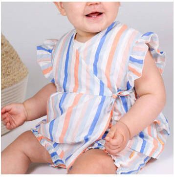 BESS baby gestreept T-shirt blauw oranje groen wit Meisjes Katoen V-hals 62 - Foto 2