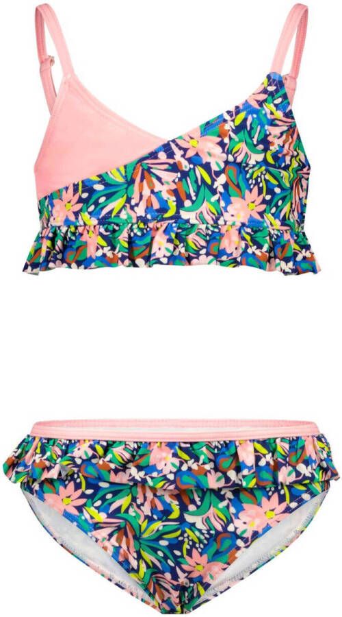 B.Nosy crop bikini met all over print en ruches blauw roze multi