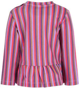 B.Nosy aansluitende gestreepte longsleeve met ruches paars koraalrood bruin Meisjes Stretchkatoen Ronde hals