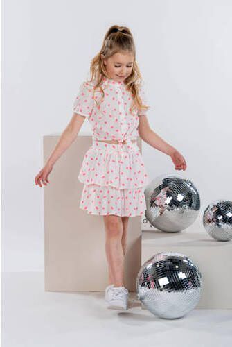 B.Nosy blouse met all over print en ruches wit fluor roze Meisjes Katoen Opstaande kraag 146 152 - Foto 3