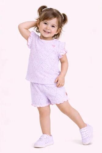 B.Nosy T-shirt + korte broek broderie lila Set Paars Meisjes Polyester Ronde hals