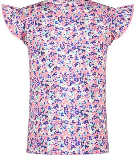 B.Nosy T-shirt met all over print en ruches roze paars Meisjes Katoen Ronde hals 146-152 - Foto 2