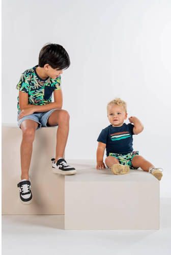 B.Nosy T-shirt met bladprint donkerblauw lichtgroen Jongens Stretchkatoen Ronde hals 158 164