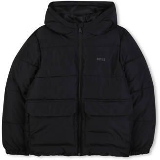 BOSS gewatteerde jas zwart Jongens Polyester Capuchon Effen