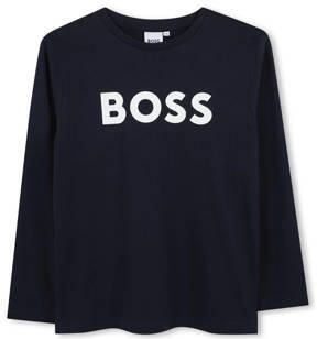 Boss longsleeve met logo donkerblauw Jongens Katoen Ronde hals Logo 140