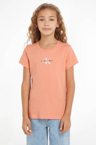 Calvin Klein Jeans T-shirt met logo lichtoranje Meisjes Katoen Ronde hals 152 - Foto 3
