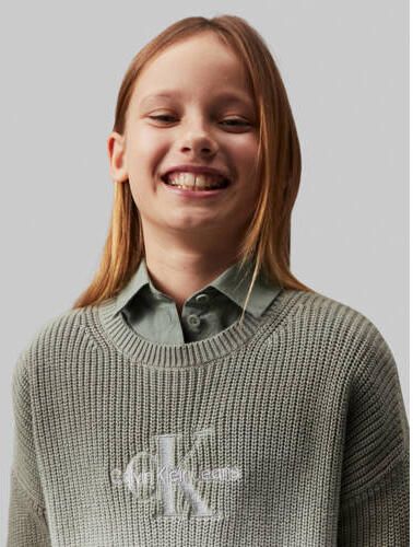 Calvin Klein trui olijfgroen wit Meisjes Katoen Ronde hals Meerkleurig 164 - Foto 3