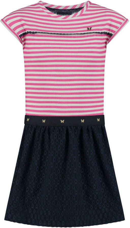 Chaos-and-Order gestreepte A-lijn jurk Marina donkerblauw roze Meisjes Stretchkatoen Ronde hals 134