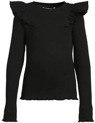 Coolcat geribde longsleeve met ruches Megan zwart Meisjes Stretchkatoen Ronde hals