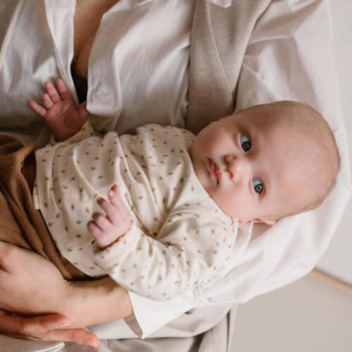 Dirkje baby longsleeve met all over print en overslag detail ecru bruin Stretchkatoen Ronde hals 56 - Foto 3