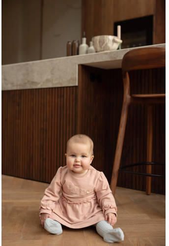 Dirkje bohemian jurk met franjes en tekst roze Meisjes Stretchkatoen Ronde hals
