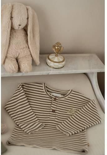 Dirkje rechtvallende gestreepte longsleeve bruin beige Jongens Katoen Henleykraag - Foto 2