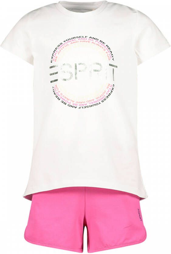 Esprit T-shirt + short wit fuchsia Shirt + broek Roze Meisjes Stretchkatoen Ronde hals 128