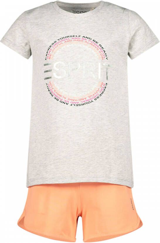 Esprit T-shirt + short lichtgrijs melange oranje Shirt + broek Meisjes Stretchkatoen Ronde hals 128