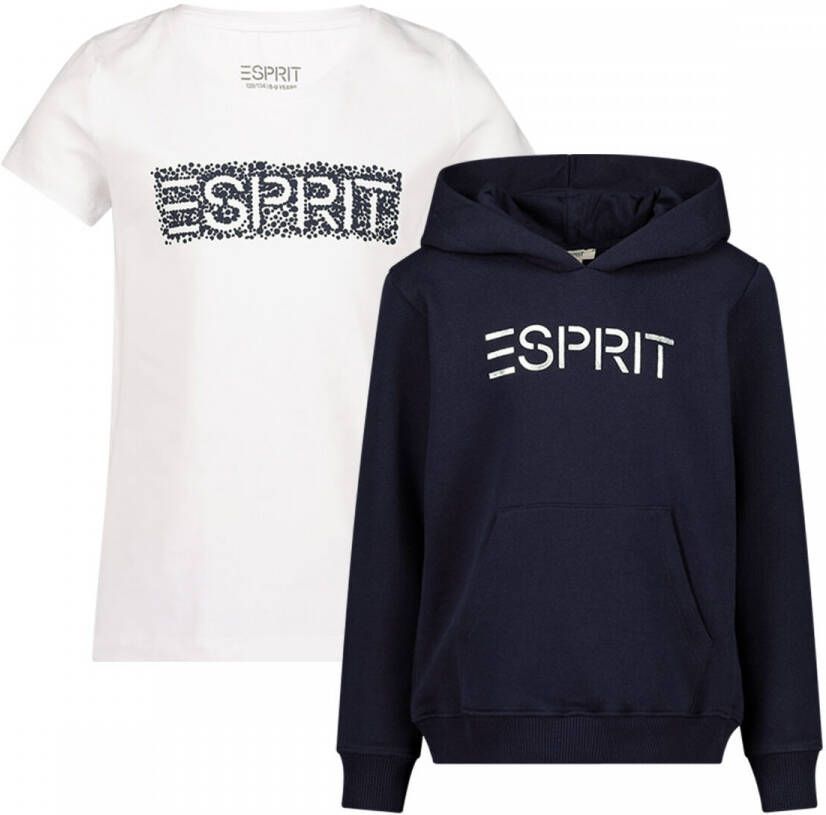 Esprit hoodie + T-shirt met logo donkerblauw wit Sweater Ecru Meisjes Katoen Capuchon 104-110