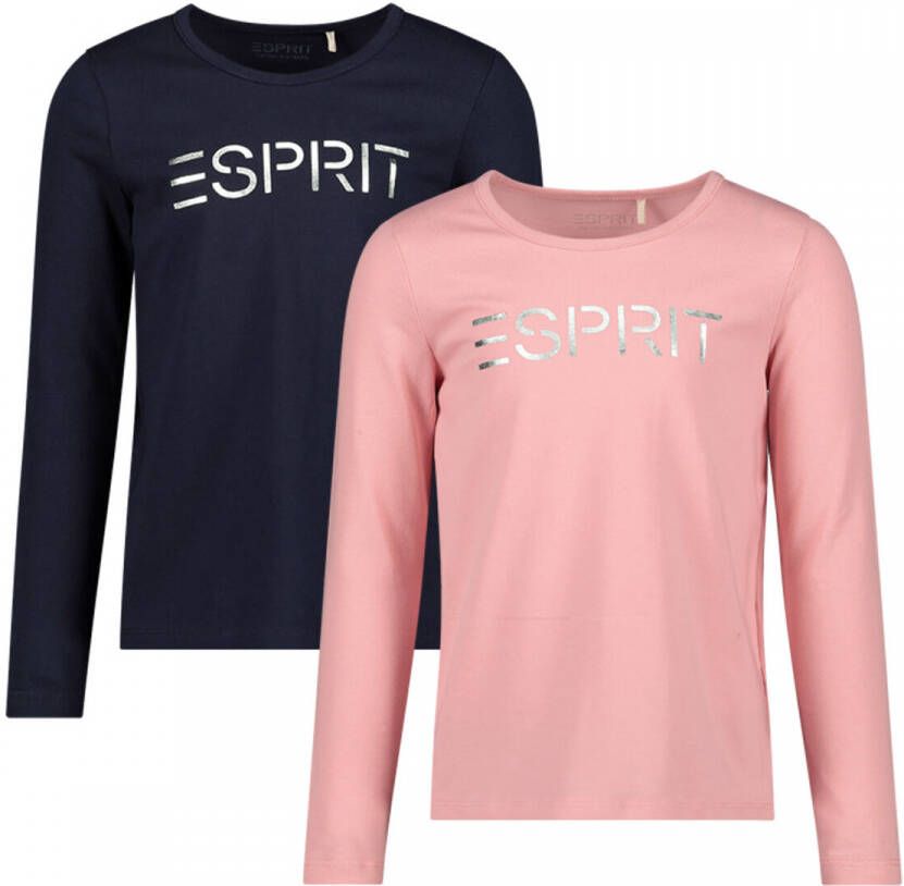 Esprit longsleeve (set van 2) Roze Meisjes Stretchkatoen Ronde hals Logo 164