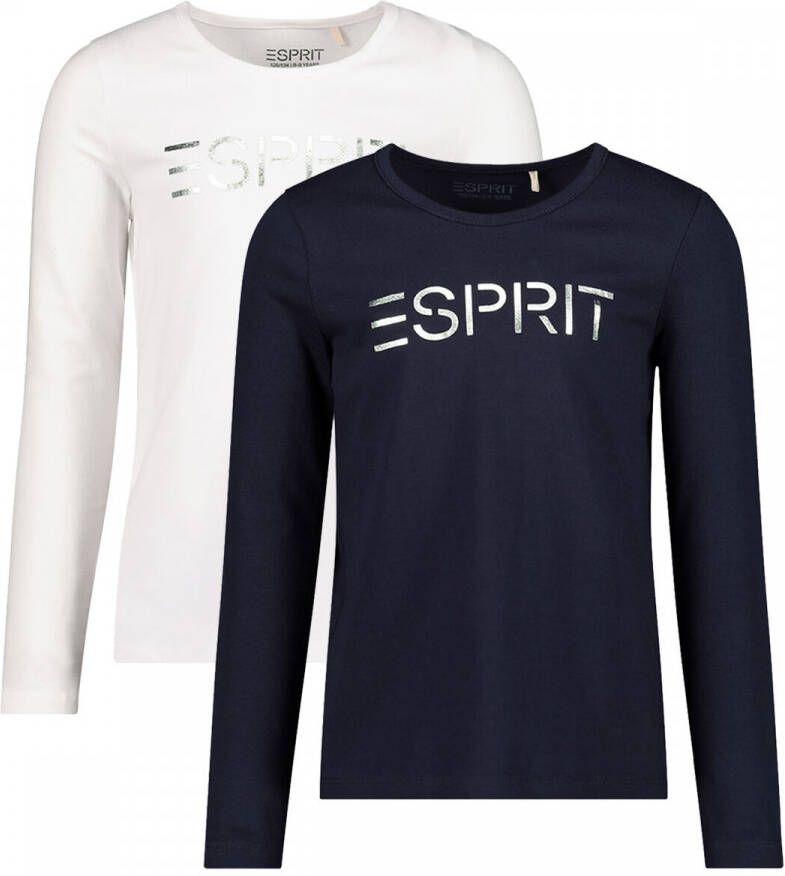 Esprit longsleeve met logo set van 2 donkerblauw wit Meisjes Stretchkatoen Ronde hals 128
