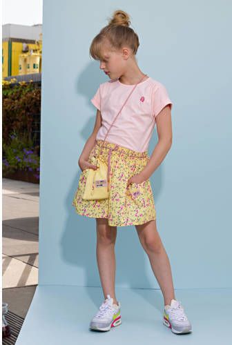 NONO gebloemde jurk Mira van gerecycled polyester geel roze Meisjes Gerecycled polyester (duurzaam) Ronde hals 134 140