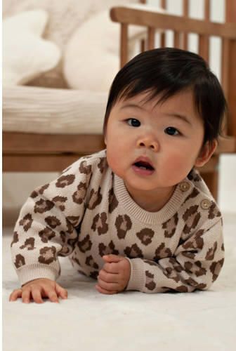 Feetje gebreide sweater met panterprint zand Beige Katoen Ronde hals