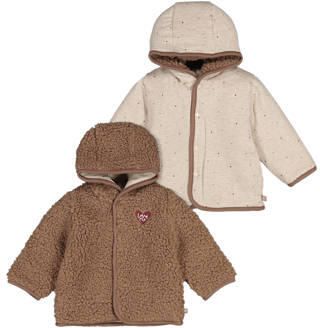 Feetje reversible teddy winterjas Built for Fun taupe offwhite Bruin Meisjes Bouclé Capuchon