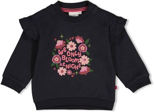 Feetje sweater Moon Flower donkerblauw roze Printopdruk