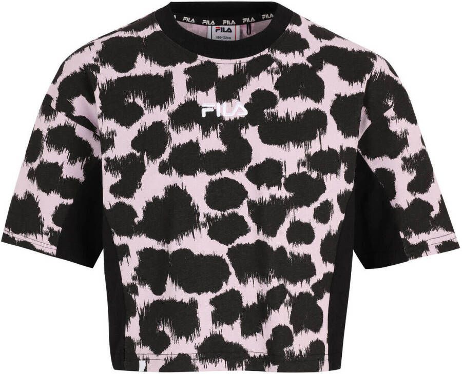 Fila cropped T-shirt zwart roze Meisjes Katoen Ronde hals Dierenprint 158 164