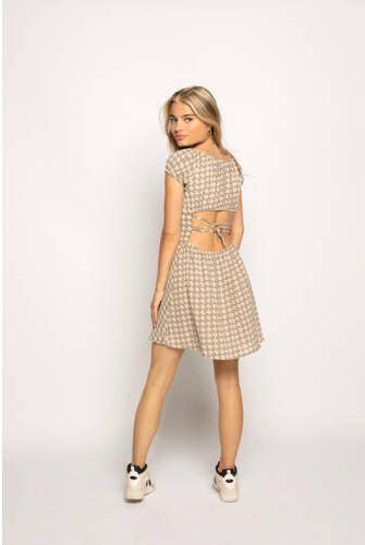 Frankie&Liberty jurk met all over print met open rug beige roze Meisjes Polyester Ronde hals 140 - Foto 2