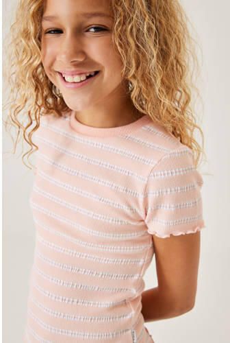 Garcia gestreept T-shirt zalm wit Oranje Meisjes Stretchkatoen Ronde hals 164 170