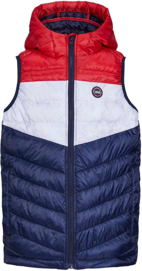 Jack & jones JUNIOR bodywarmer JJEHERO navy rood wit Blauw Jongens Polyester Capuchon 164