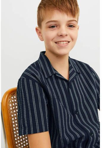 Jack & jones JUNIOR gestreept overhemd JORPALMA donkerblauw wit Jongens Polyester Klassieke kraag 128