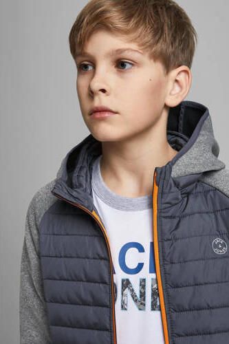 Jack & jones JUNIOR gewatteerde tussenjas JJEMULTI grijs melange donkerblauw oranje Jongens Polyester Capuchon 128 - Foto 4