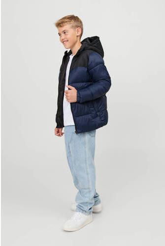 Jack & jones JUNIOR gewatteerde winterjas JJETOBY van gerecycled polyester donkerblauw zwart Jongens Gerecycled polyester (duurzaam) Capuchon 164 - Foto 4