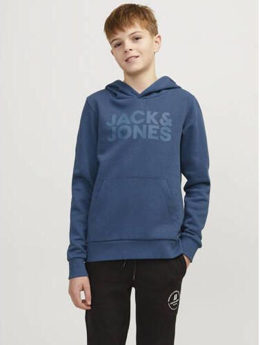 Jack & jones JUNIOR hoodie JJECORP met tekst petrol blauw Sweater Tekst 176